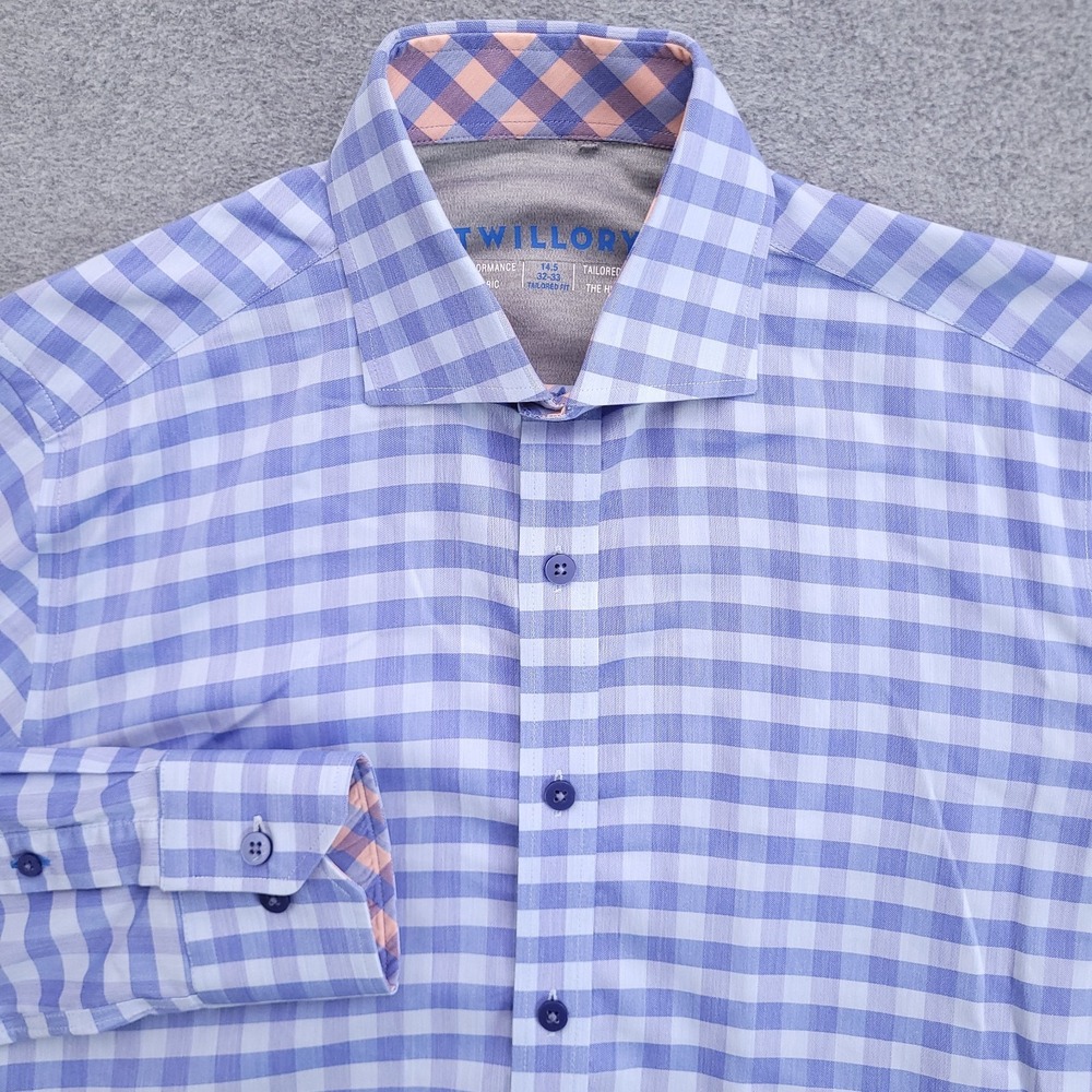 Twillory Dress Shirt Mens 14.5 32/33 Tailored Fit Blue Gingham Check Performance